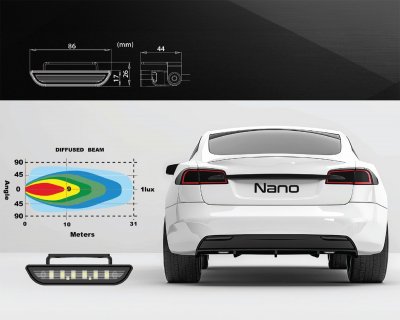 Nano reversing light from Ledson - Dimensions and light pattern