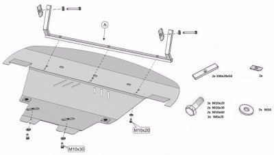 Exploded view of skid plate for Opel Vivaro from 2015-2019