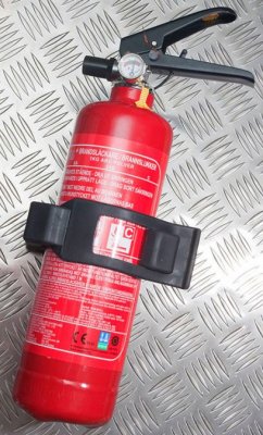 Tool holder Quick Fist 3 inch holds a fire extinguisher.